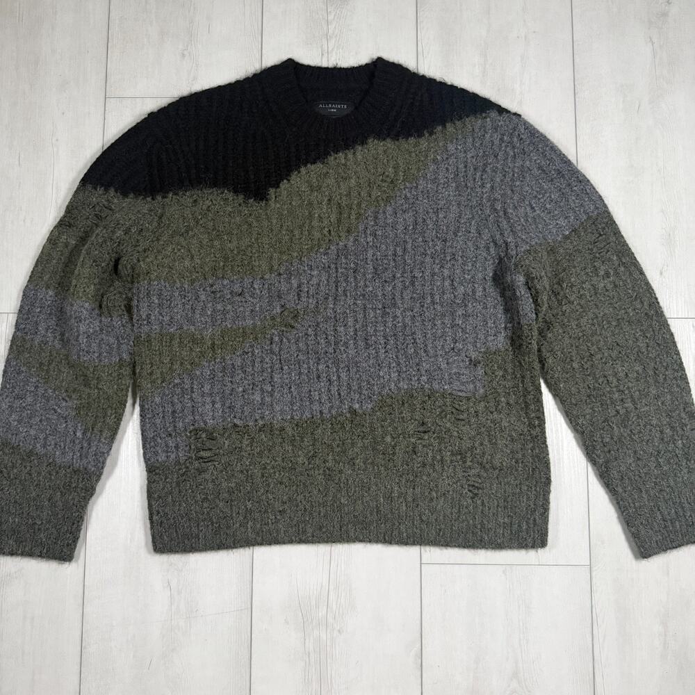 AllSaints Sweater Mens LargeGreen Gray Sur Crew Wool Alpaca Oversized Grunge